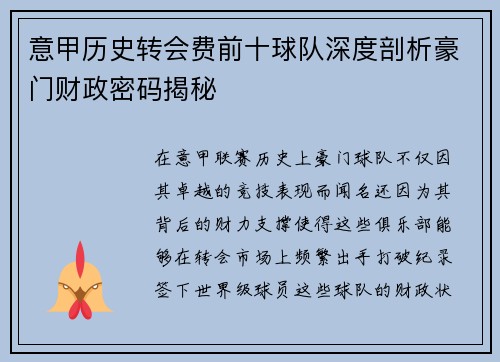 意甲历史转会费前十球队深度剖析豪门财政密码揭秘